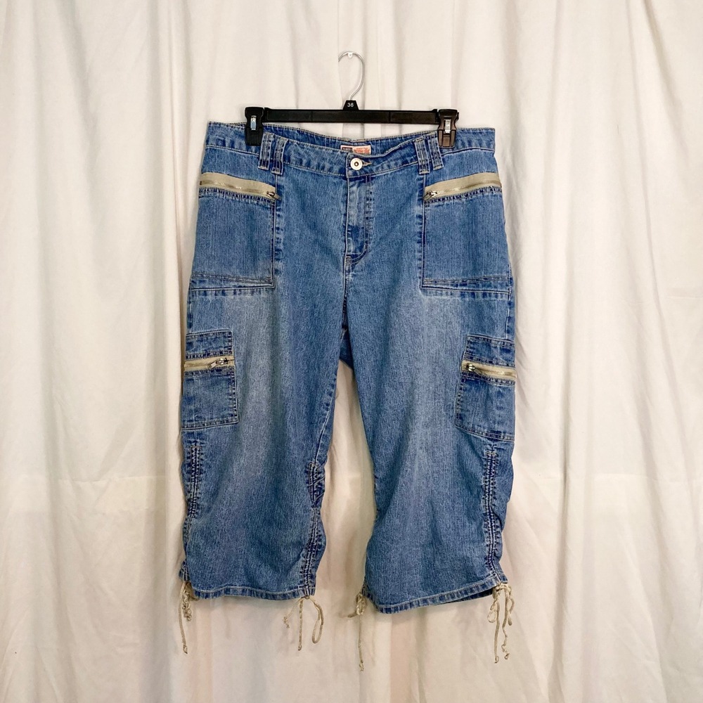 Y2K Utility Cargo Capri Pants Jorts Faded Glory Denim Adjustable Ruching 20W